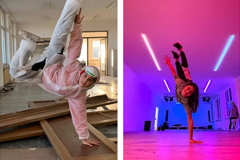 zwei Fotos nebeneinander als Vorher-Nachher-Bild von einem Mädchen das Breakdance macht. Sie hält sich auf einer Hand.