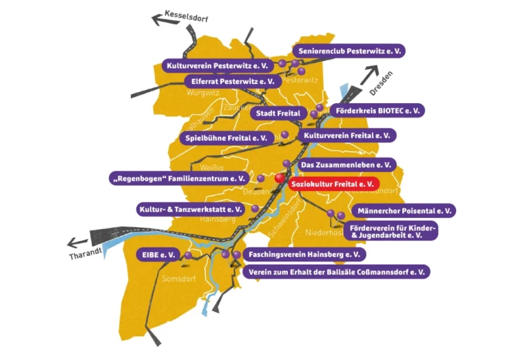 Karte der sächsischen Stadt Freital mit Markierung aller Vereine, die zum soziokulturellen Träger Freital e.V. gehören.